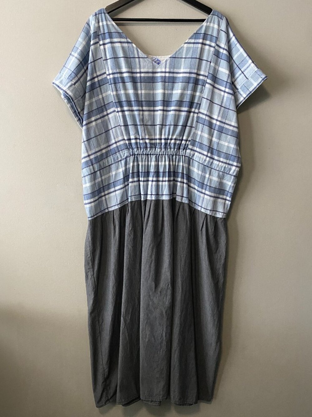 Handmade Plus Size Cotton Flannel Grey Blue White Dress